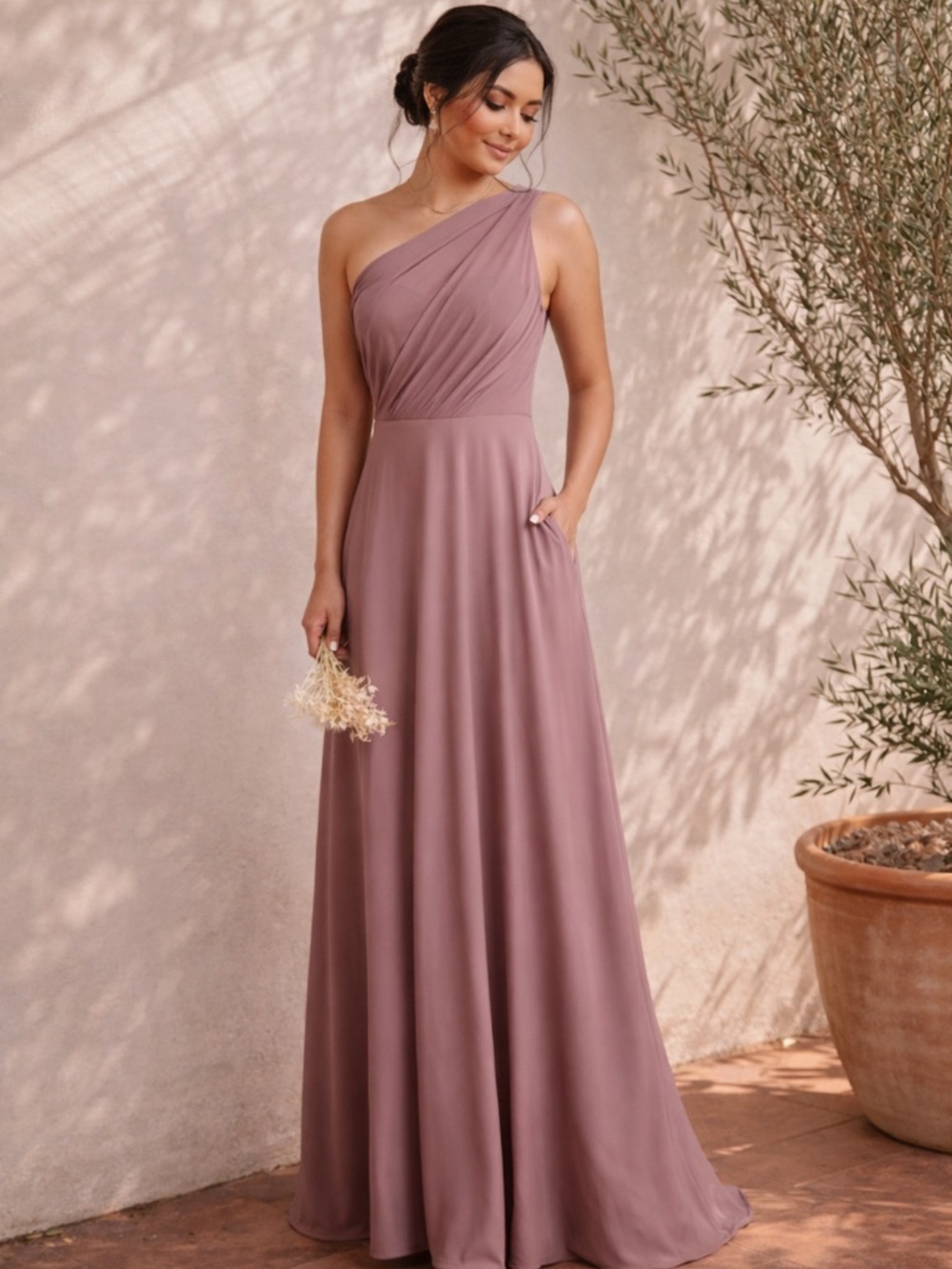 Birdy Grey Kira One Shoulder Maxi Dress Mauve Medium Elegant Wedding  Formal